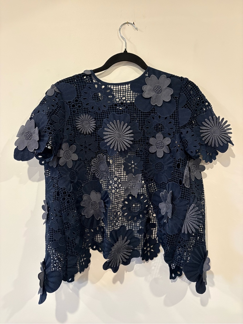 Self-Portrait Navy 3D Floral Crochet Short Sleeve Top